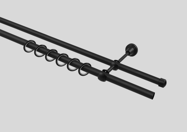 Кованый карниз черный  матовый двухрядный. В сборе в тубусе. Трубы ГЛАДКИЕ, Ø 16 мм. Кронштейны открытые. Кольца с пластиковой вставкой и крючком.
Размерный ряд 1,6 м,  2м, 2,4 м, 3м. 